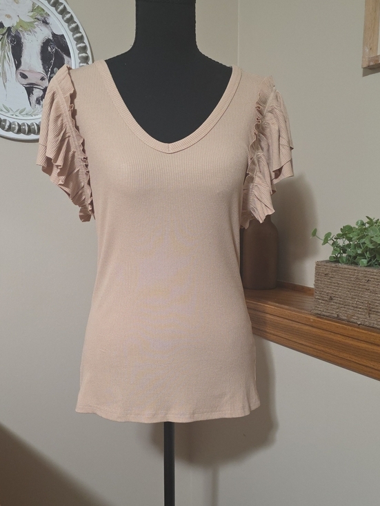Dorose Tops - Women’s Ruffle Sleeve V-Neck Top - Blush Pink